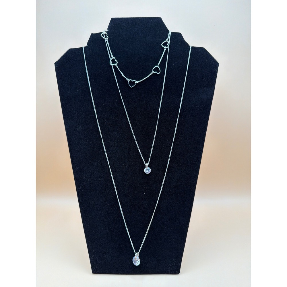 Silver Tone Layered Heart and Crystal Necklace and Earring Jewelry Set 4pc